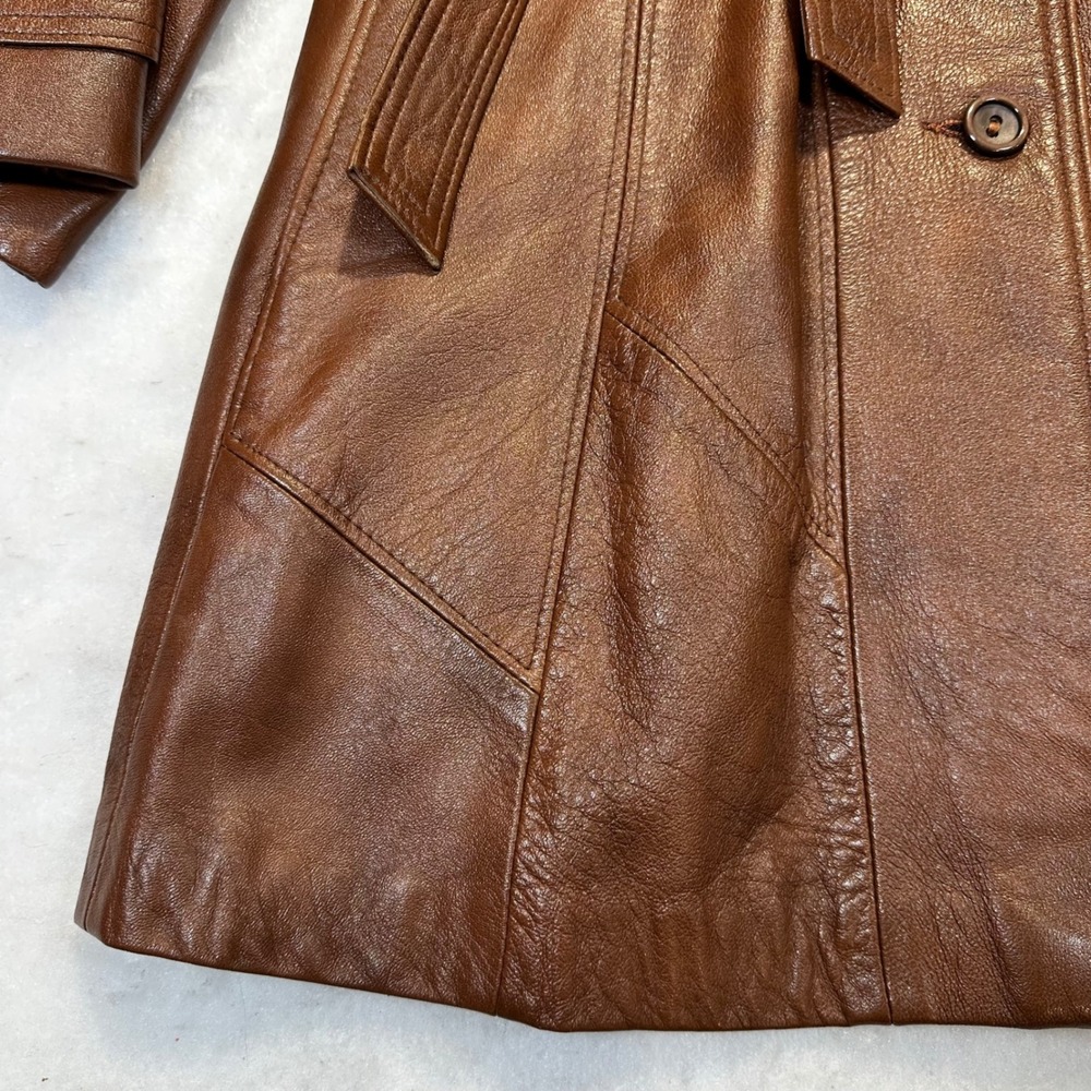 Garfin Leathers Trench Coat Womens 18 Brown Vintage 70s Boho Leather Jacket - Picture 2 of 15